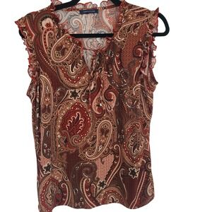 Tommy Hilfiger Womens Paisley Ruffle Sleeveless Blouse Rust Red Tan